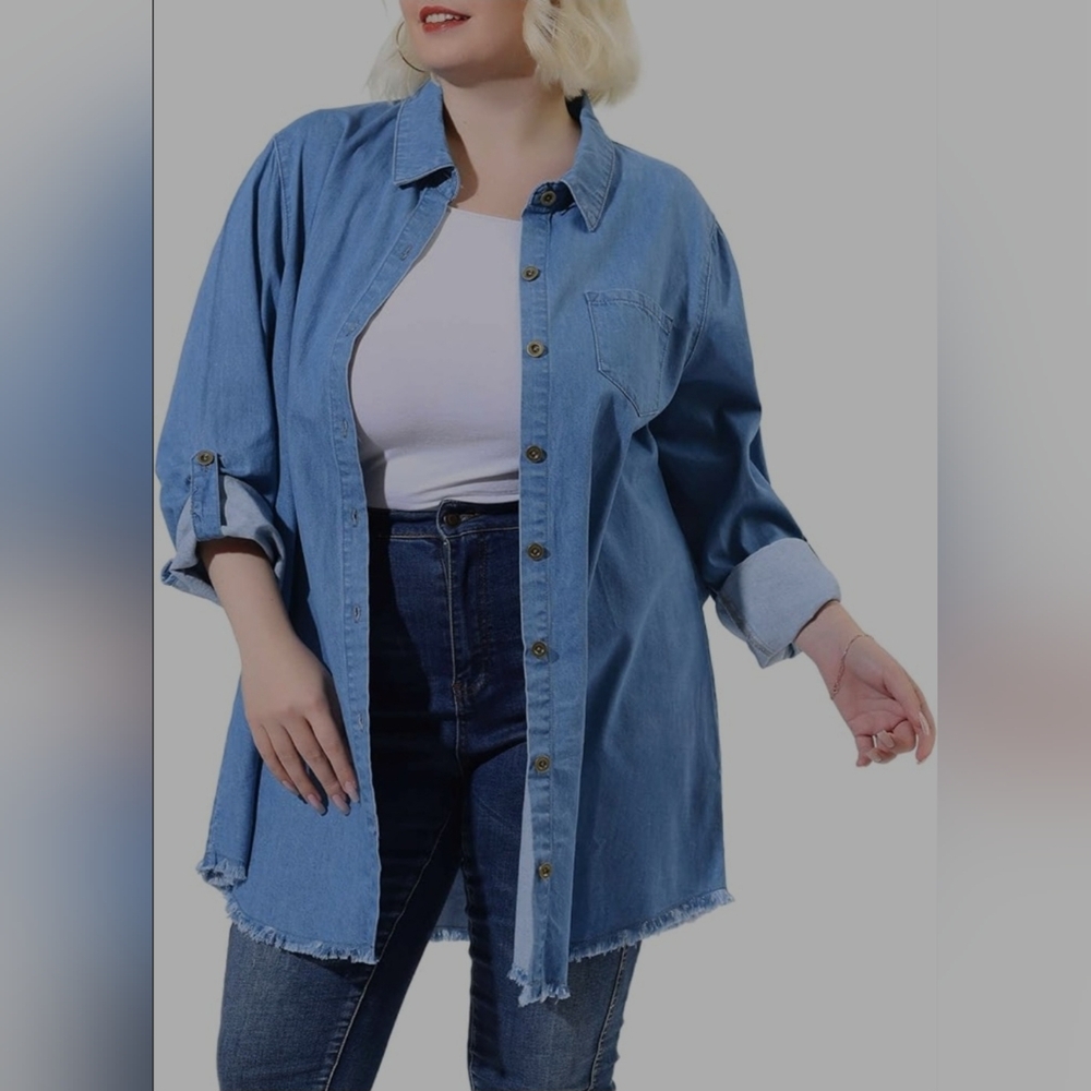 Agnes Orinda | Plus Size Chambray Button Down Shirt | Size 1X